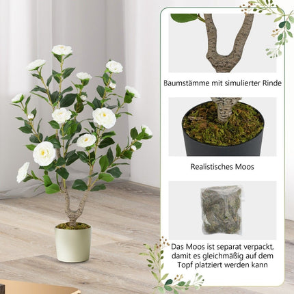 Camelia Artificiala, 90 cm, Flori Albe, In ghiveci