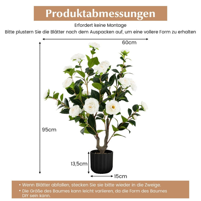 Arbore artificial de camelie, 95 cm, flori de mătase, ghiveci de ciment