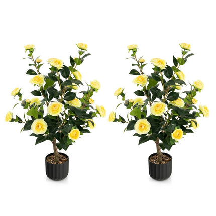 Arbore artificial de camelie, 95 cm, galben, ghiveci de ciment