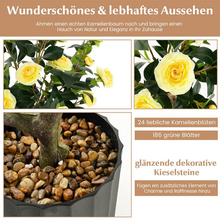 Arbore artificial de camelie, 95 cm, galben, ghiveci de ciment