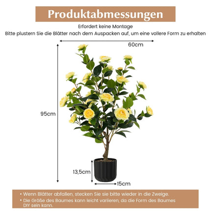 Arbore artificial de camelie, 95 cm, galben, ghiveci de ciment