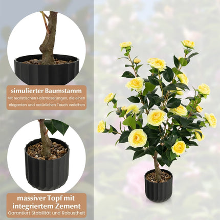 Arbore artificial de camelie, 95 cm, galben, ghiveci de ciment
