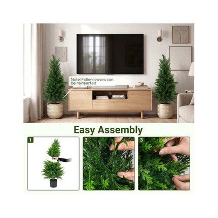 Artificial Cedar Trees 90 cm in Pot, Set of 2, Cement-Filled Base, Green
