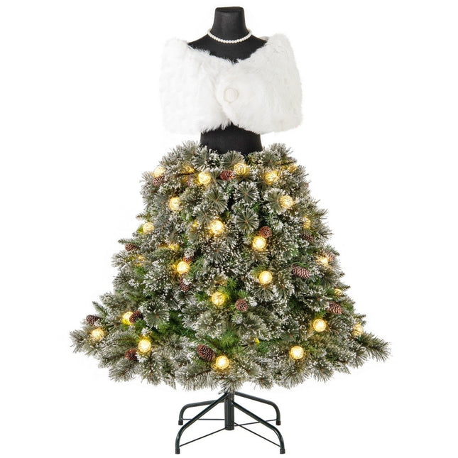 Pom de Crăciun artificial sub formă de rochie cu eșarfă, colier și iluminare