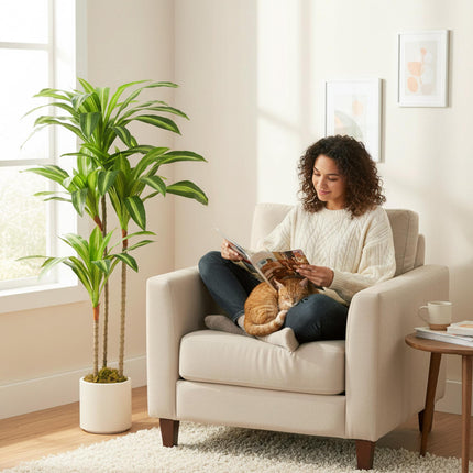 Arbore artificial Dracaena 120 cm, trunchiuri flexibile, ghiveci alb