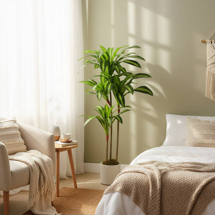 Arbore artificial Dracaena 120 cm, trunchiuri flexibile, ghiveci alb