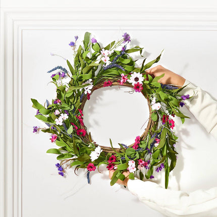 Artificial Flower Wreath 22 Inch, Pink Green Daisies