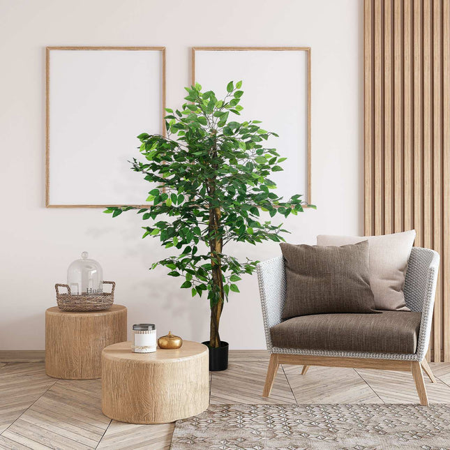 Planta artificiala, planta artificiala de 150 cm cu jardiniera, muschi artificial, copac artificial ficus, planta de apartament pentru camera de zi, verde