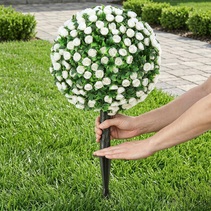 Suporturi artificiale pentru plante topiare, formă de glob de trandafir, pachet de 2, rezistente la UV, albe