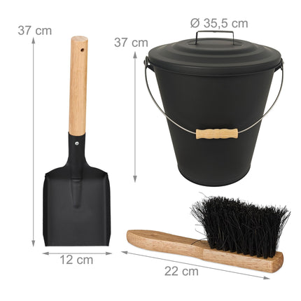 Găleată de cenușă cu set de perie și lopată, fier negru