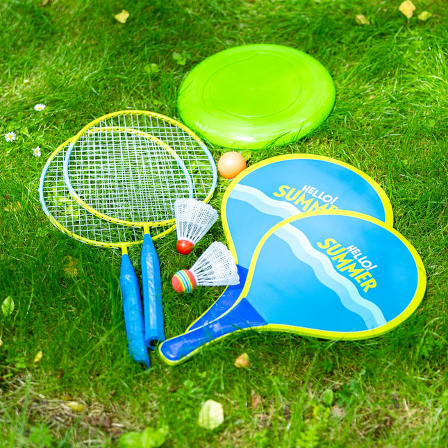 Set badminton și plajă: 2 rachete, volante, frisbee