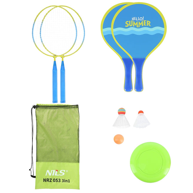 Set badminton și plajă: 2 rachete, volante, frisbee