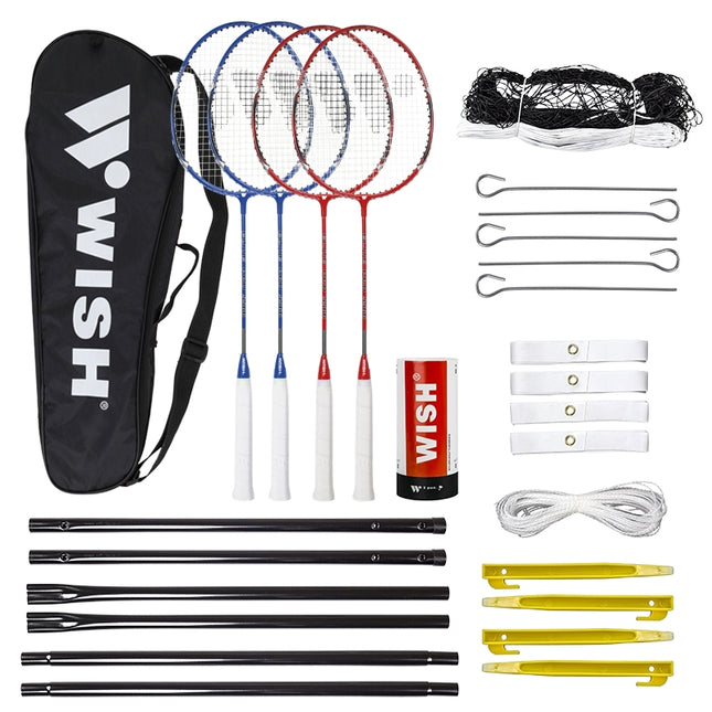 Set badminton: 4 rachete, 3 volante, plasă și linii