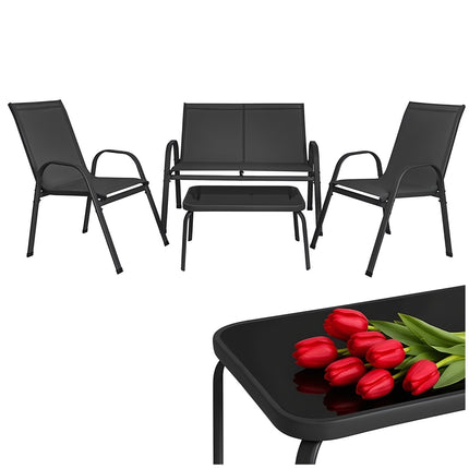 Balcony Furniture Set with Sofa, 2 Armchairs and Glass Table, Black, 4 Seats