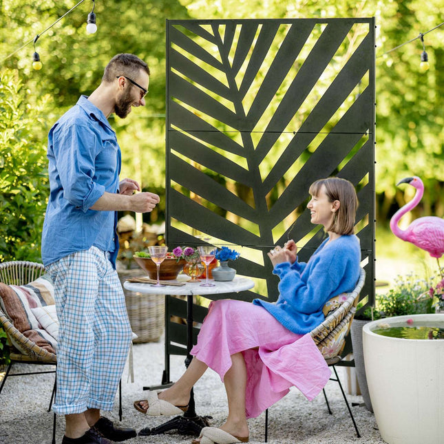 Paravan de intimitate pentru balcon cu model de frunze de banană, 122X198 cm, oțel negru, pentru grădină și terasă