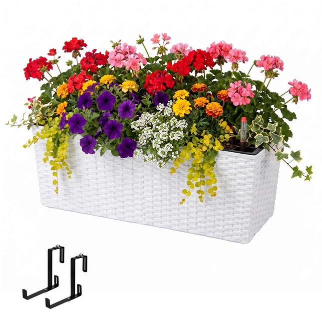 Jardinieră de balcon din ratan cu indicator al nivelului apei, albă