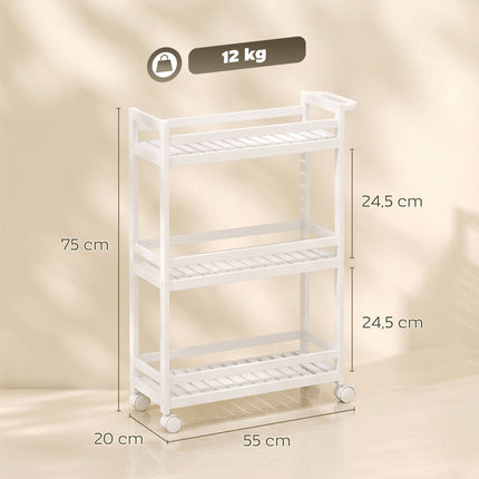 Cărucior cu 3 niveluri din bambus cu rafturi cu șipci, 55x20x75 cm