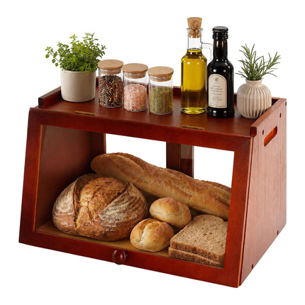 Bamboo Bread Bin with Viewing Window and Top Shelf, Brown