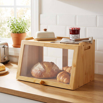 Bamboo Bread Bin with Viewing Window and Top Shelf, Brown