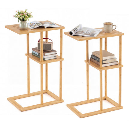 Set de măsuțe laterale în formă de C din bambus, cu 2 niveluri, 40x28x65 cm