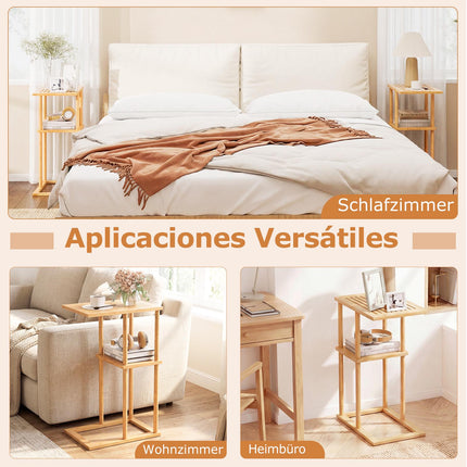 Set de măsuțe laterale în formă de C din bambus, cu 2 niveluri, 40x28x65 cm
