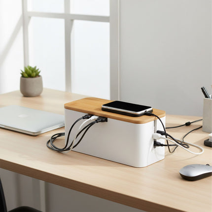 Cutie de cablu din bambus – pentru prelungitor cu 6 prize, capac magnetic
