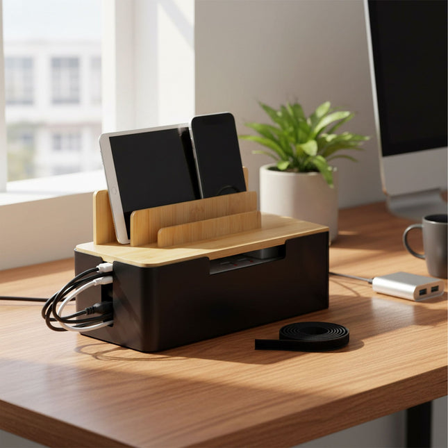Cutie organizatoare de cabluri din bambus cu suporturi pentru telefon și tabletă