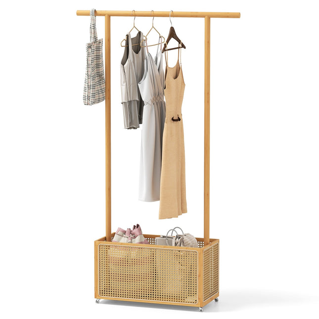 Suport de haine din bambus cu coș de ratan și roți, 100x32,5x172 cm