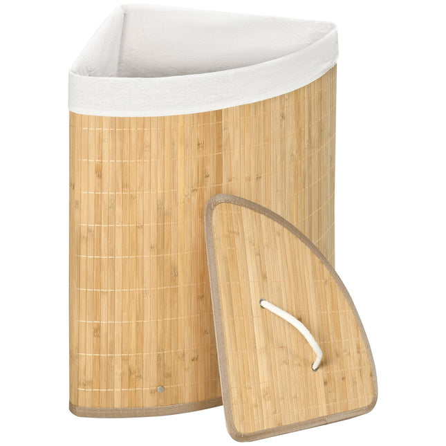 Corner laundry basket in bamboo with lid & removable lining 55L