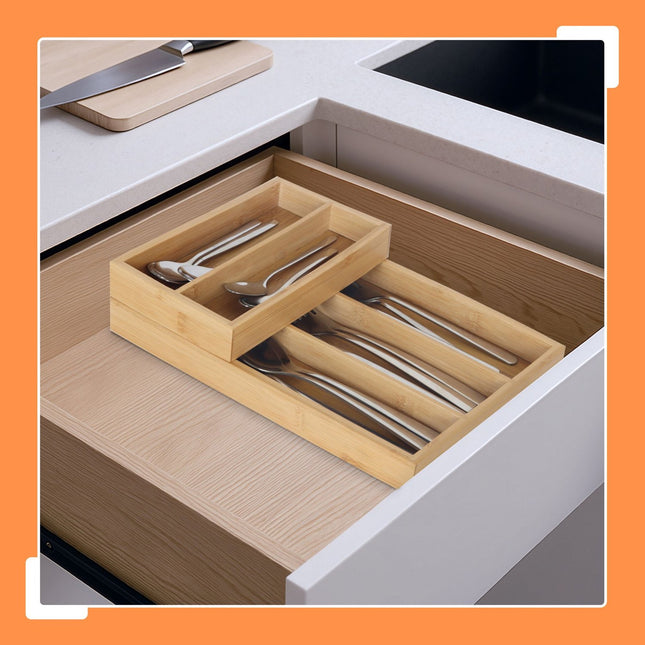 Organizator de sertare pentru tacâmuri din bambus, 2 piese, 6 compartimente