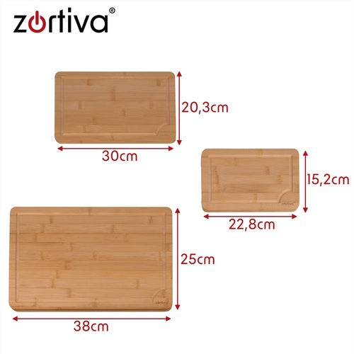 Set de tocătoare din bambus cu suport – 3 dimensiuni, caneluri de drenaj