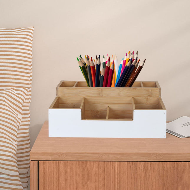 Organizator de birou din bambus, 7 sloturi - birou, bucătărie, baie