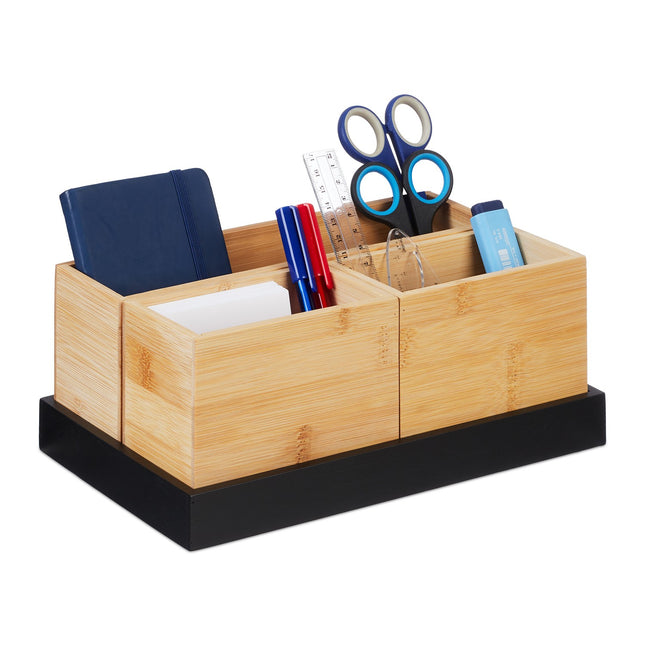 Set organizator de birou din bambus, 4 piese, natural/negru