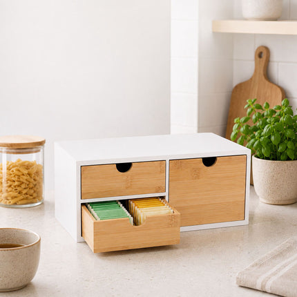 Bamboo Desk Organiser with 2 Small and 1 Large Drawer, 13.5 x 33 x 21 cm, Black