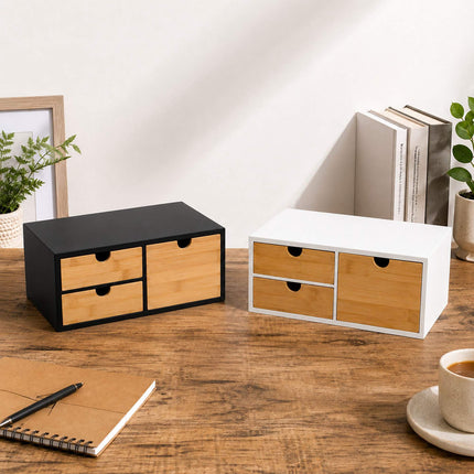 Bamboo Desk Organiser with 2 Small and 1 Large Drawer, 13.5 x 33 x 21 cm, Black