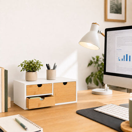Bamboo Desk Organiser with 2 Small and 1 Large Drawer, 13.5 x 33 x 21 cm, White