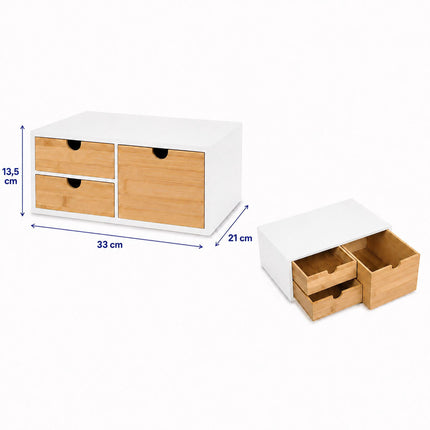 Bamboo Desk Organiser with 2 Small and 1 Large Drawer, 13.5 x 33 x 21 cm, White