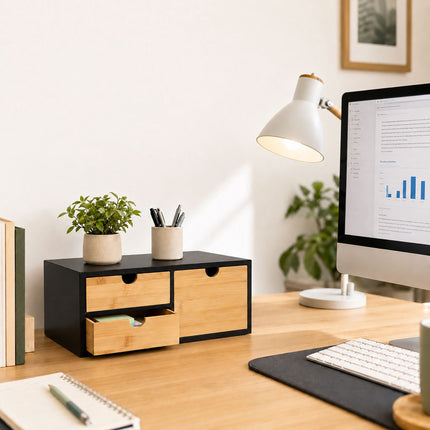 Bamboo Desk Organiser with 2 Small and 1 Large Drawer, 13.5 x 33 x 21 cm, White