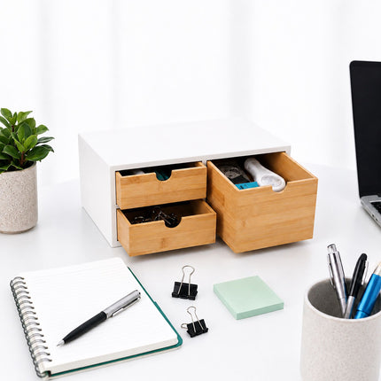 Bamboo Desk Organiser with 2 Small and 1 Large Drawer, 13.5 x 33 x 21 cm, White