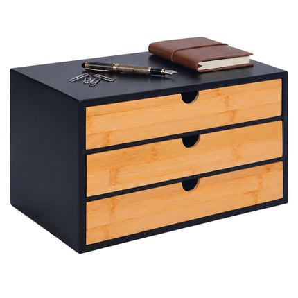 Bamboo Desk Organiser with 3 Drawers, 20 x 33 x 21 cm, Black