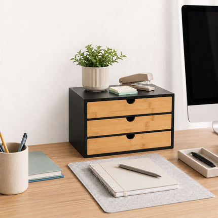Bamboo Desk Organiser with 3 Drawers, 20 x 33 x 21 cm, White