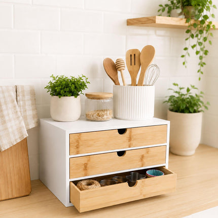 Bamboo Desk Organiser with 3 Drawers, 20 x 33 x 21 cm, White