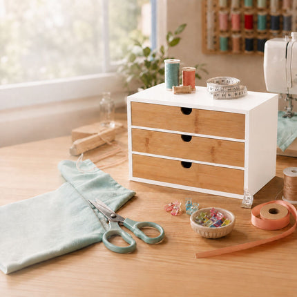 Bamboo Desk Organiser with 3 Drawers, 20 x 33 x 21 cm, White