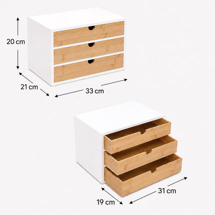 Bamboo Desk Organiser with 3 Drawers, 20 x 33 x 21 cm, White