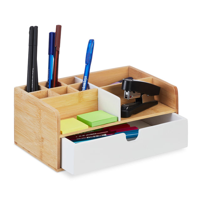 Organizator de birou din bambus cu 9 compartimente și sertar