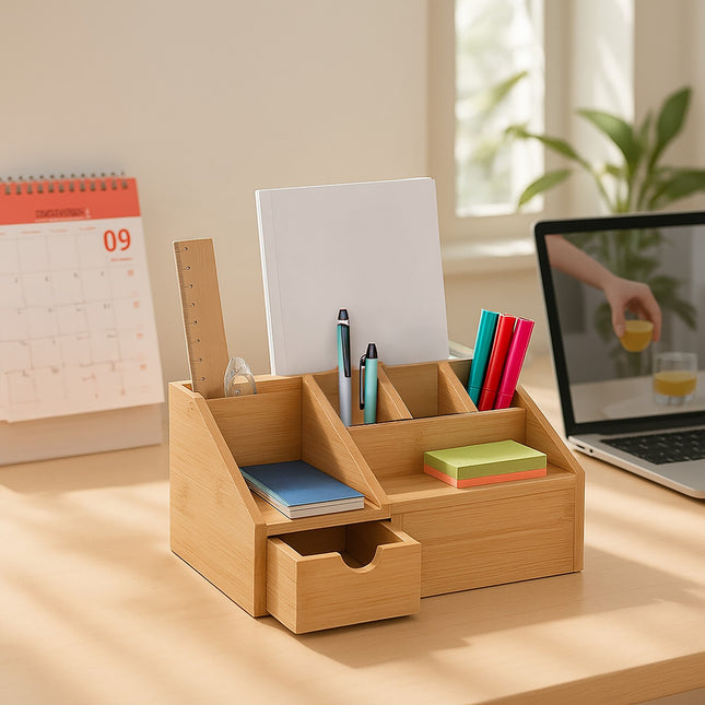 Organizator de birou din bambus cu sertar, 6 compartimente
