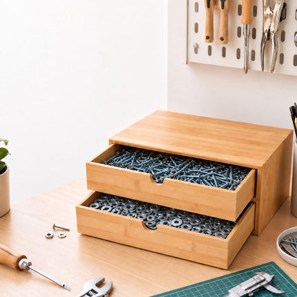 Bamboo Drawer Box Desk Organiser with 2 Drawers, 13.5 x 33 x 21 cm, Natural