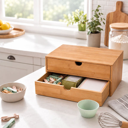 Bamboo Drawer Box Desk Organiser with 2 Drawers, 13.5 x 33 x 21 cm, Natural