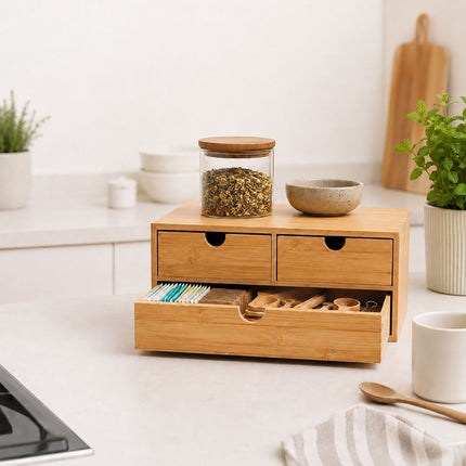 Bamboo Drawer Box Desk Organiser with 3 Drawers, 13.5 x 33 x 21 cm, Natural