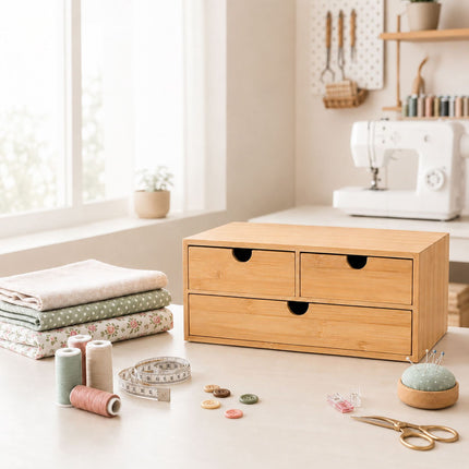 Bamboo Drawer Box Desk Organiser with 3 Drawers, 13.5 x 33 x 21 cm, Natural